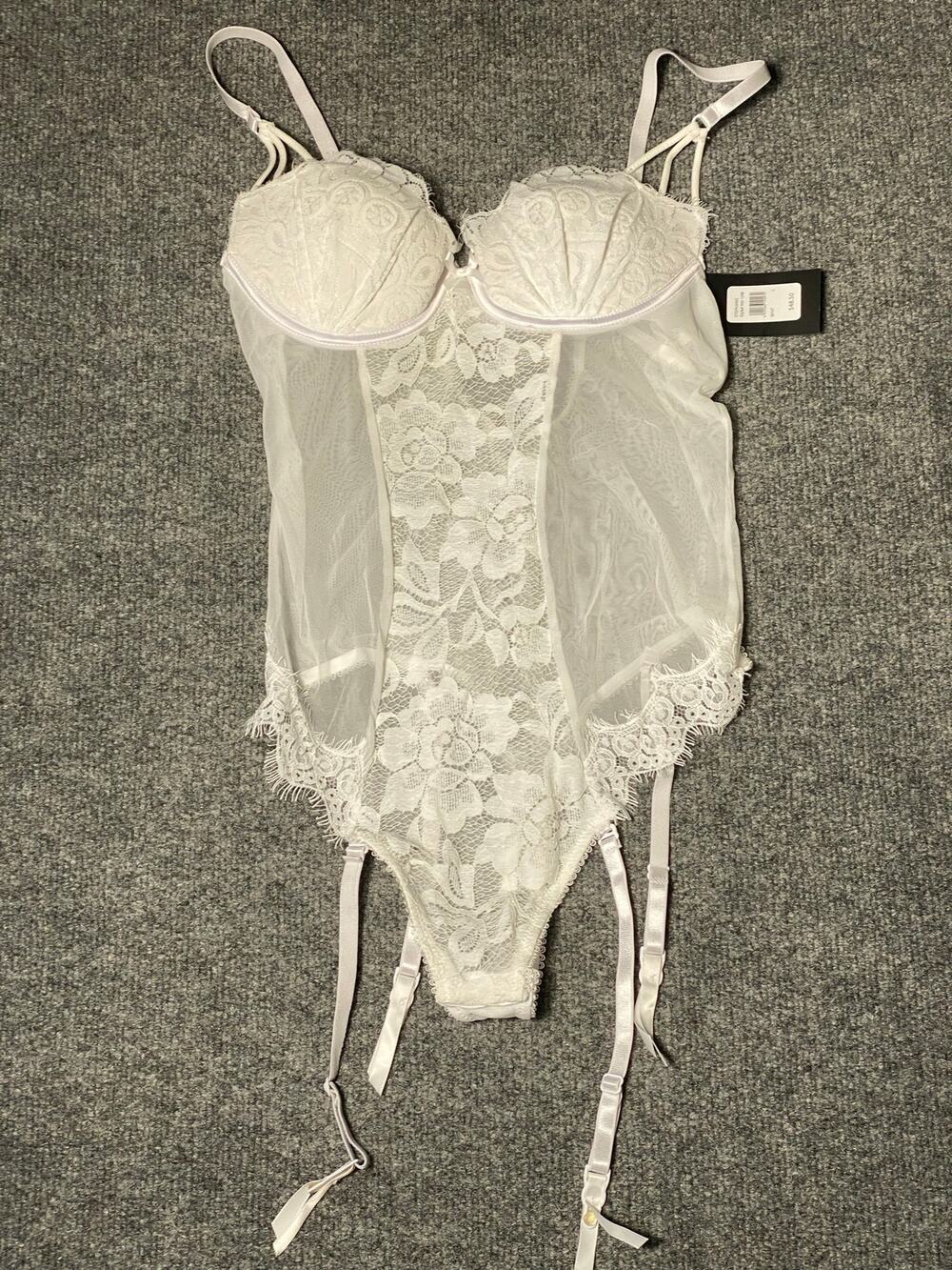 New Frederick's of Hollywood
Stephanie White Laced Mesh Garter Teddy Lingerie-L